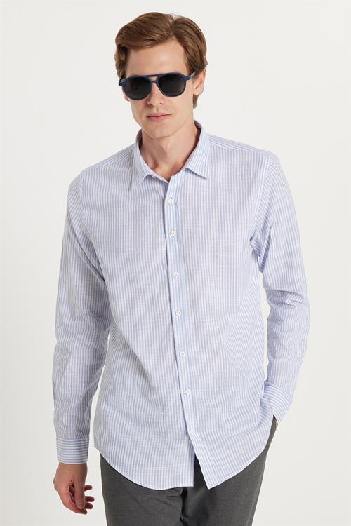 Erkek Slim Fit Dar Kesim Düğmeli Spor Yaka Keten Efekt %100 Pamuk Mavi Çizgili Yazlık Gömlek