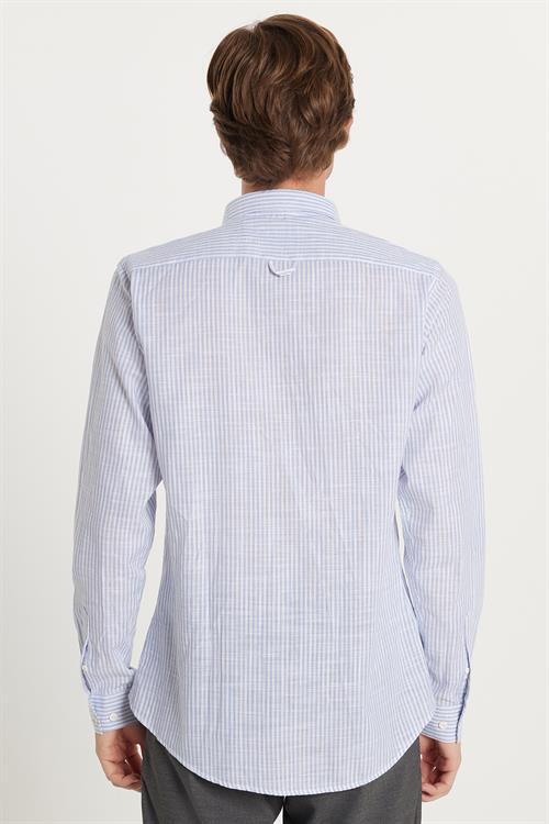 Erkek Slim Fit Dar Kesim Düğmeli Spor Yaka Keten Efekt %100 Pamuk Mavi Çizgili Yazlık Gömlek