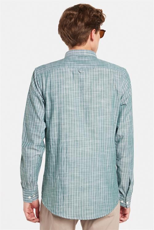 Erkek Slim Fit Dar Kesim Düğmeli Spor Yaka Keten Efekt %100 Pamuk Çizgili Yazlık Yeşil Gömlek