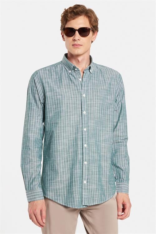 Erkek Slim Fit Dar Kesim Düğmeli Spor Yaka Keten Efekt %100 Pamuk Çizgili Yazlık Yeşil Gömlek