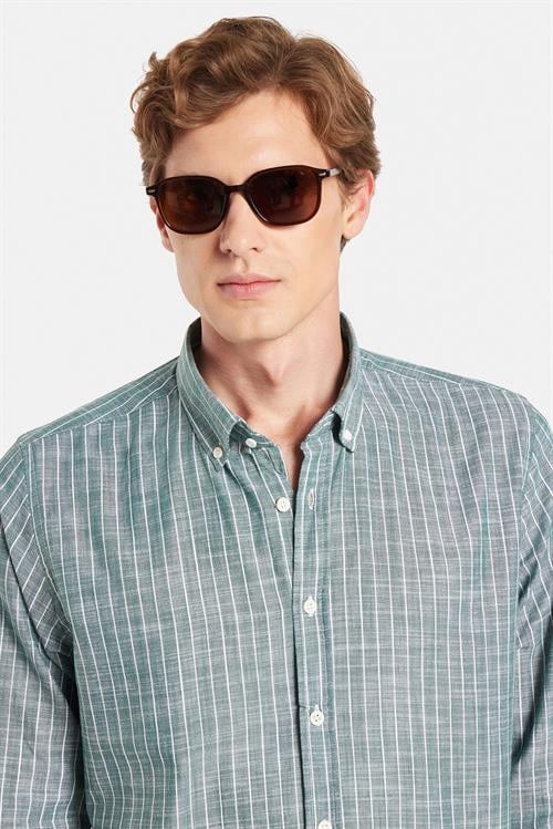 Erkek Slim Fit Dar Kesim Düğmeli Spor Yaka Keten Efekt %100 Pamuk Çizgili Yazlık Yeşil Gömlek