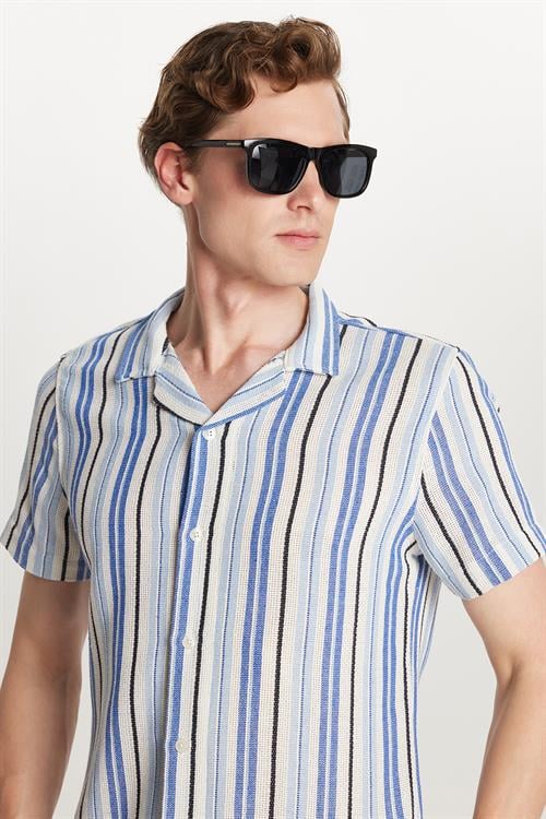 Erkek Slim Fit Dar Kesim Pamuklu Rahat Kullanım Çizgili Kısa Kollu Apaş Yaka Gömlek