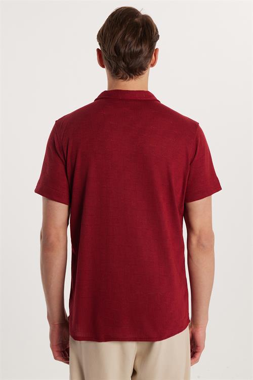 Slim Fit Kısa Kol Örme Kumaş Apaş Yaka Rahat Armürlü Doku Bordo Erkek Gömlek