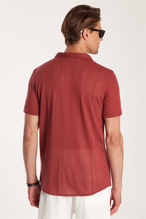 Erkek Slim Fit Örme Kumaş Apaş Yaka Rahat Kullanım Kısa Kol Kiremit Gömlek