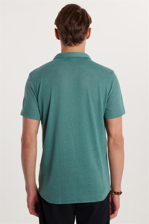 Erkek Slim Fit Dar Kesim Kısa Kollu Örme Doku Apaş Yaka Yeşil Gömlek