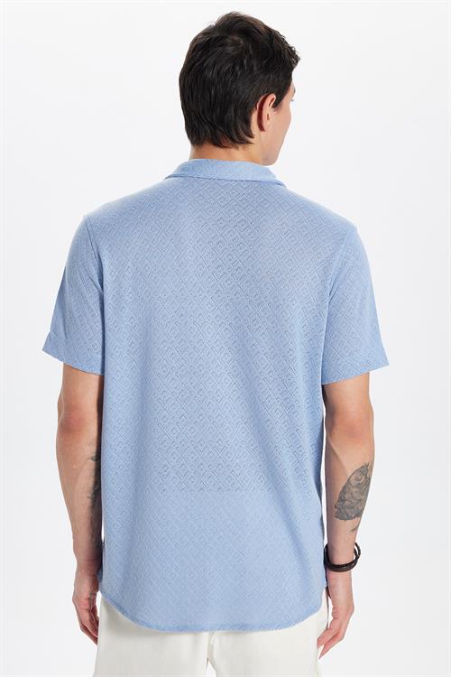 Erkek Slim Fit Dar Kesim Kısa Kollu Örme Doku Apaş Yaka Mavi Gömlek