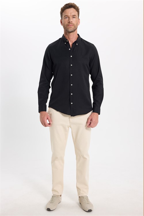 Erkek Slim Fit Dar Kesim Düz Oxford Armalı Düğmeli Yaka Siyah Spor Gömlek