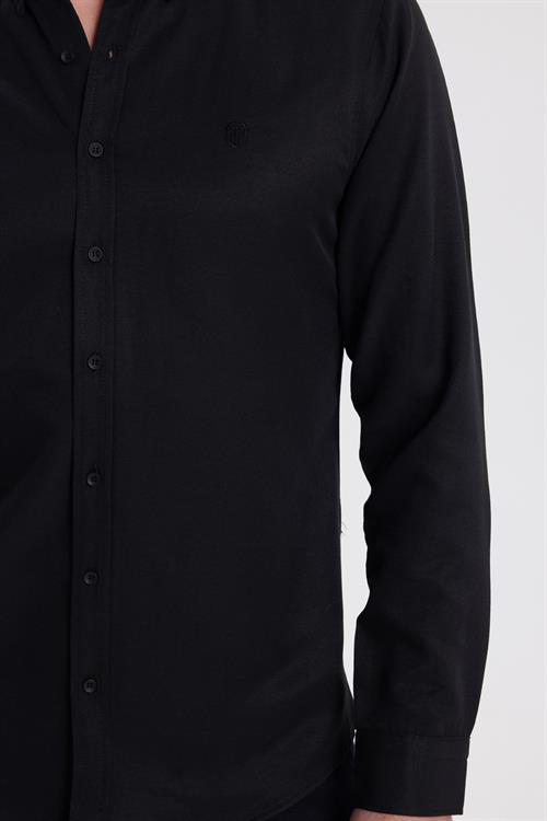 Erkek Slim Fit Dar Kesim Düz Oxford Armalı Düğmeli Yaka Siyah Spor Gömlek