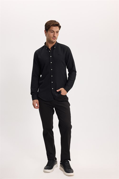 Erkek Slim Fit Dar Kesim Düz Oxford Armalı Düğmeli Yaka Siyah Spor Gömlek