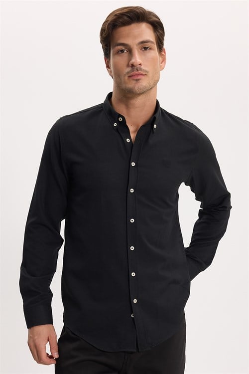 Erkek Slim Fit Dar Kesim Düz Oxford Armalı Düğmeli Yaka Siyah Spor Gömlek