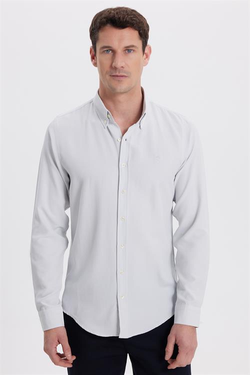 Erkek Slim Fit Dar Kesim Düz Oxford Armalı Düğmeli Yaka Gri Spor Gömlek