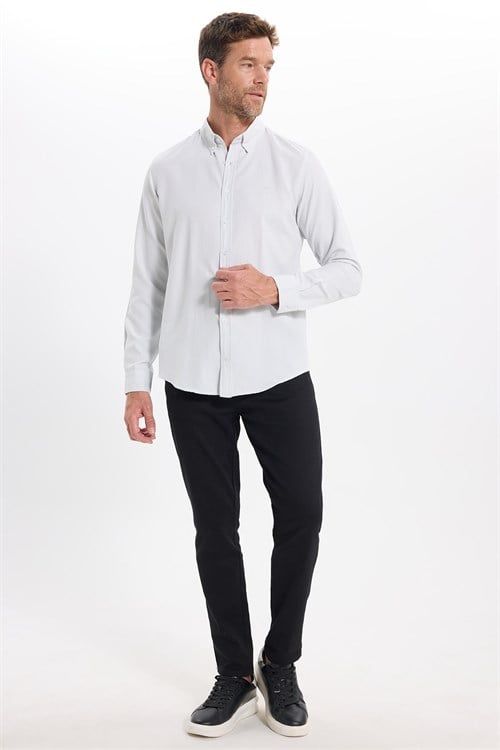 Erkek Slim Fit Dar Kesim Düz Oxford Armalı Düğmeli Yaka Gri Spor Gömlek