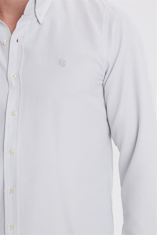 Erkek Slim Fit Dar Kesim Düz Oxford Armalı Düğmeli Yaka Gri Spor Gömlek