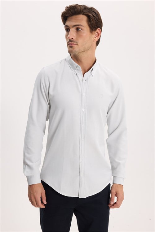 Erkek Slim Fit Dar Kesim Düz Oxford Armalı Düğmeli Yaka Gri Spor Gömlek
