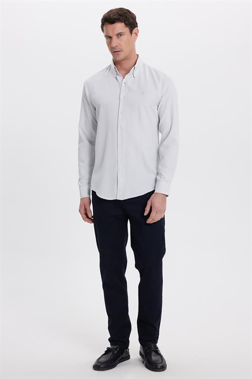 Erkek Slim Fit Dar Kesim Düz Oxford Armalı Düğmeli Yaka Gri Spor Gömlek
