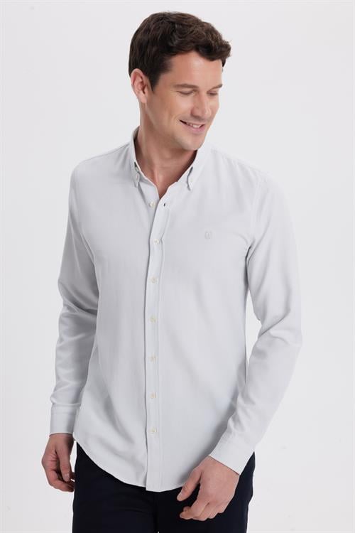 Erkek Slim Fit Dar Kesim Düz Oxford Armalı Düğmeli Yaka Gri Spor Gömlek