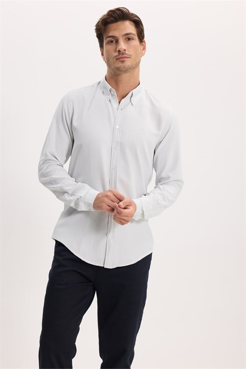 Erkek Slim Fit Dar Kesim Düz Oxford Armalı Düğmeli Yaka Gri Spor Gömlek
