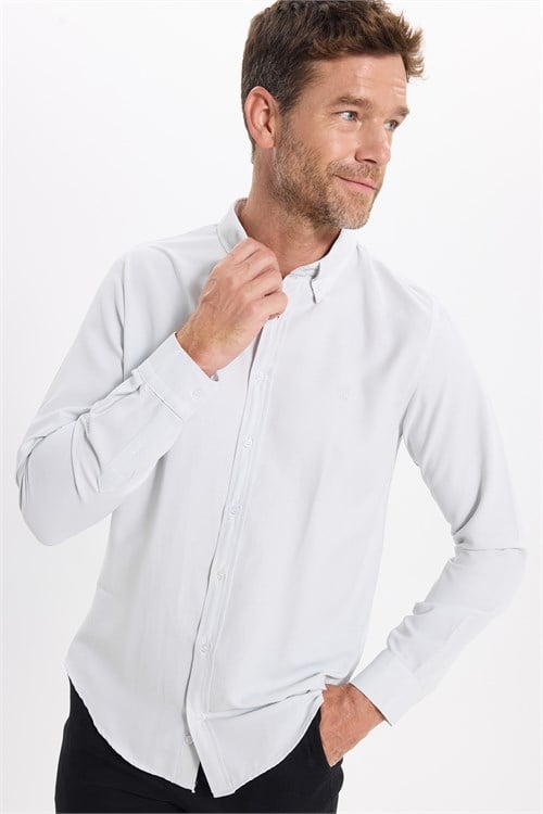 Erkek Slim Fit Dar Kesim Düz Oxford Armalı Düğmeli Yaka Gri Spor Gömlek
