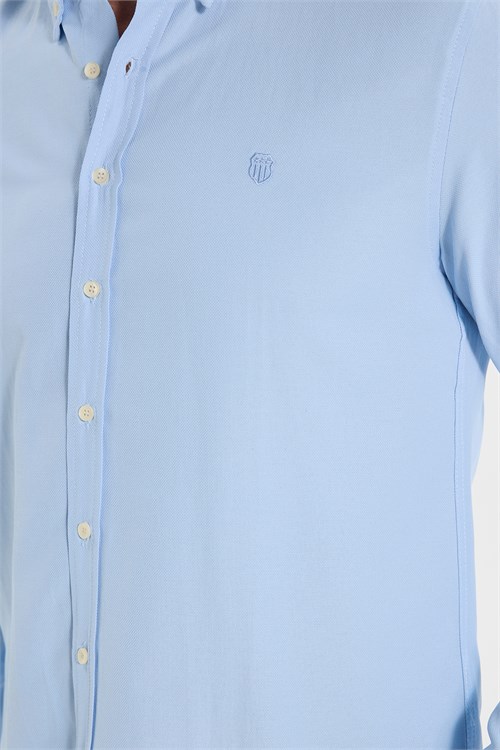 Erkek Slim Fit Dar Kesim Düz Oxford Armalı Düğmeli Yaka Mavi Spor Gömlek
