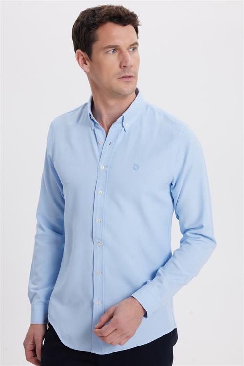 Erkek Slim Fit Dar Kesim Düz Oxford Armalı Düğmeli Yaka Mavi Spor Gömlek