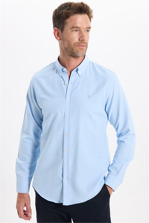 Erkek Slim Fit Dar Kesim Düz Oxford Armalı Düğmeli Yaka Mavi Spor Gömlek