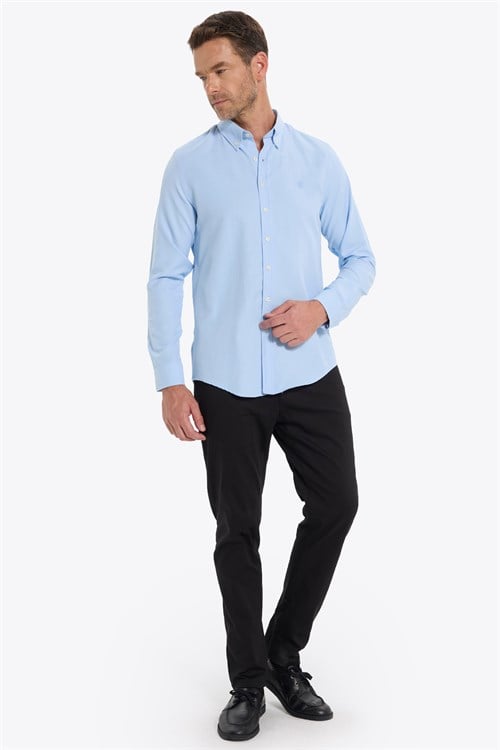 Erkek Slim Fit Dar Kesim Düz Oxford Armalı Düğmeli Yaka Mavi Spor Gömlek