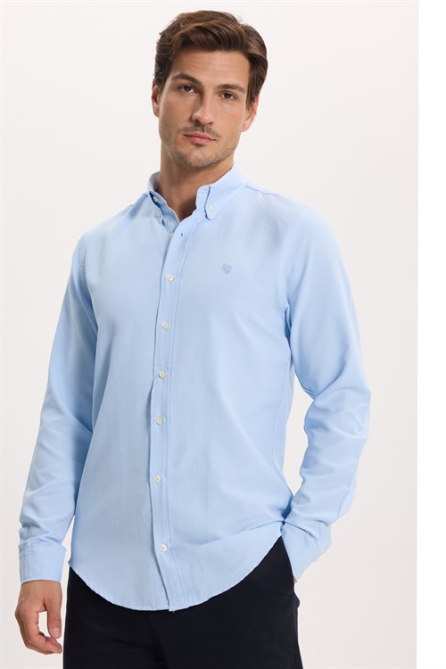 Erkek Slim Fit Dar Kesim Düz Oxford Armalı Düğmeli Yaka Mavi Spor Gömlek