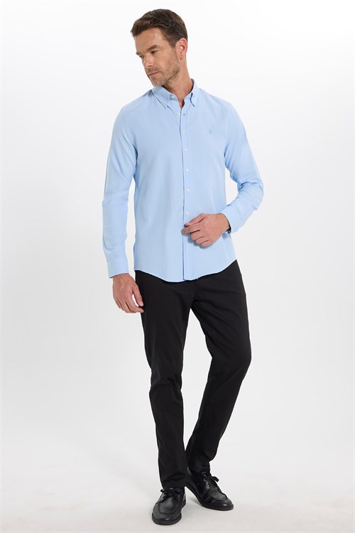 Erkek Slim Fit Dar Kesim Düz Oxford Armalı Düğmeli Yaka Mavi Spor Gömlek