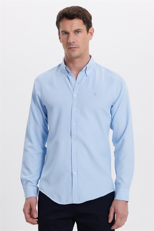 Erkek Slim Fit Dar Kesim Düz Oxford Armalı Düğmeli Yaka Mavi Spor Gömlek
