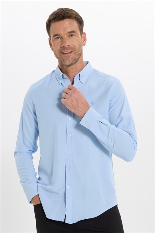 Erkek Slim Fit Dar Kesim Düz Oxford Armalı Düğmeli Yaka Mavi Spor Gömlek