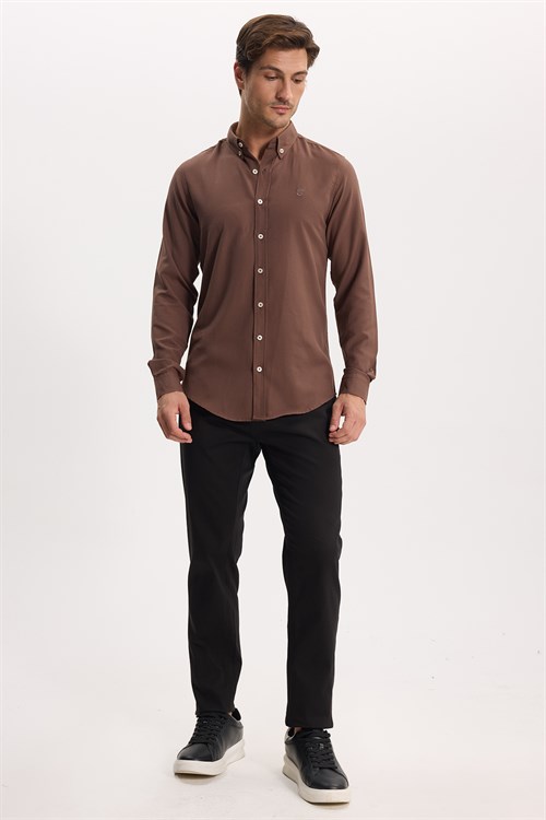 Erkek Slim Fit Dar Kesim Düz Oxford Armalı Düğmeli Yaka Kahverengi Spor Gömlek