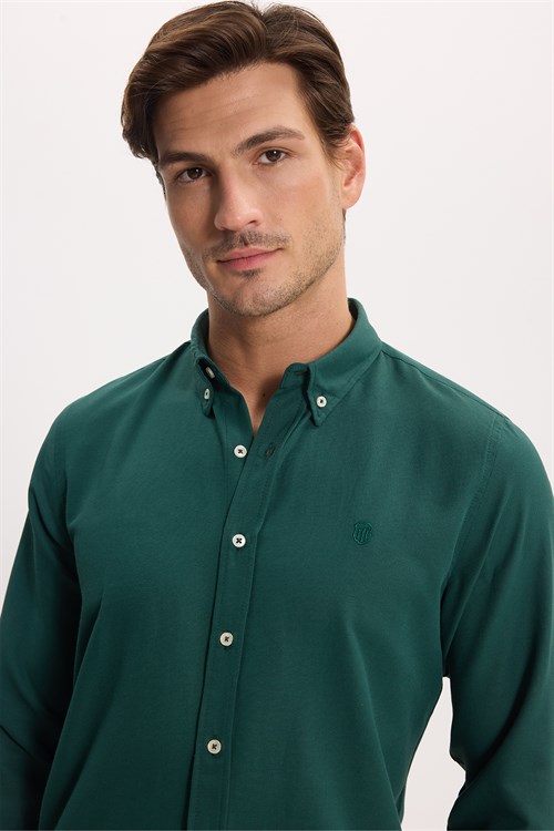 Erkek Slim Fit Dar Kesim Düz Oxford Armalı Düğmeli Yaka Haki Spor Gömlek