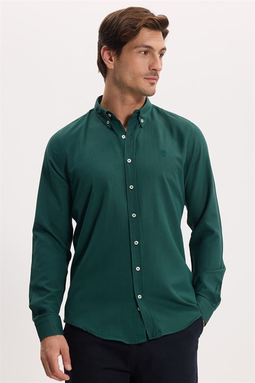 Erkek Slim Fit Dar Kesim Düz Oxford Armalı Düğmeli Yaka Haki Spor Gömlek