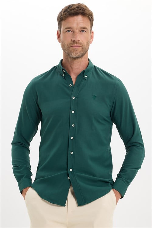 Erkek Slim Fit Dar Kesim Düz Oxford Armalı Düğmeli Yaka Haki Spor Gömlek