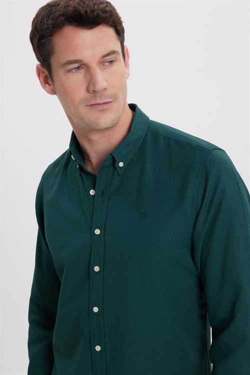 Erkek Slim Fit Dar Kesim Düz Oxford Armalı Düğmeli Yaka Haki Spor Gömlek