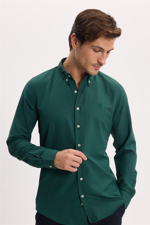 Erkek Slim Fit Dar Kesim Düz Oxford Armalı Düğmeli Yaka Haki Spor Gömlek