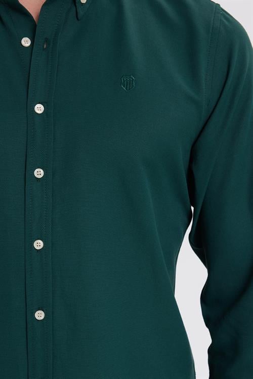 Erkek Slim Fit Dar Kesim Düz Oxford Armalı Düğmeli Yaka Haki Spor Gömlek