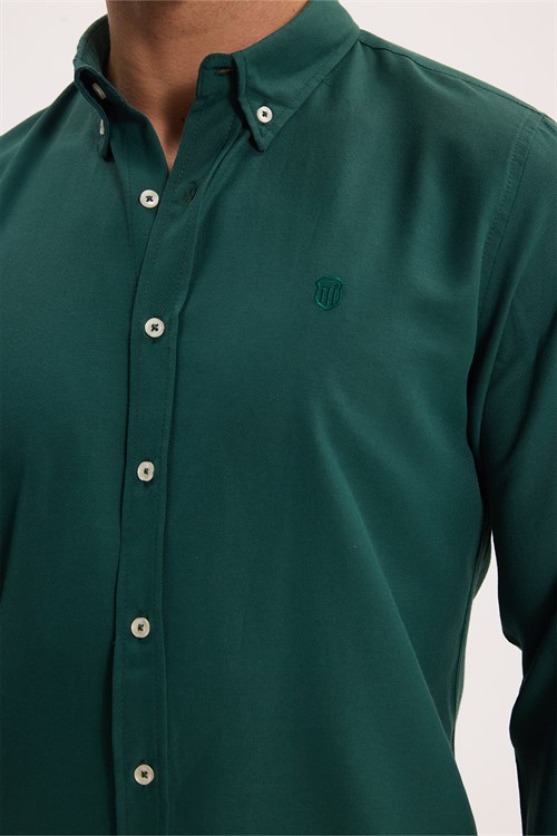 Erkek Slim Fit Dar Kesim Düz Oxford Armalı Düğmeli Yaka Haki Spor Gömlek
