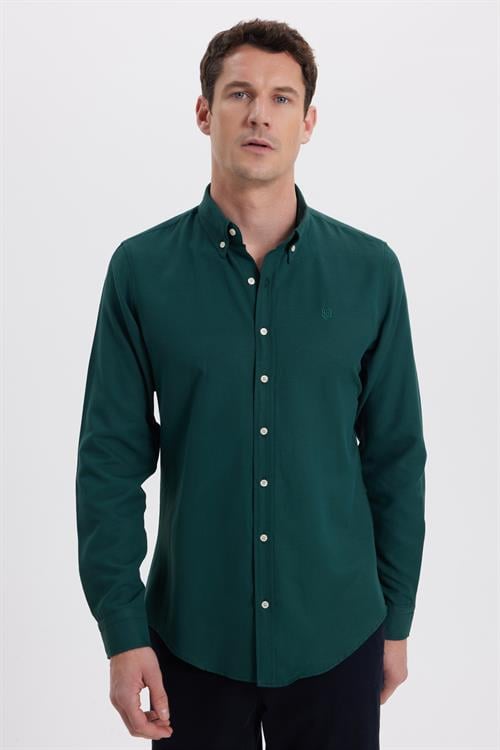 Erkek Slim Fit Dar Kesim Düz Oxford Armalı Düğmeli Yaka Haki Spor Gömlek