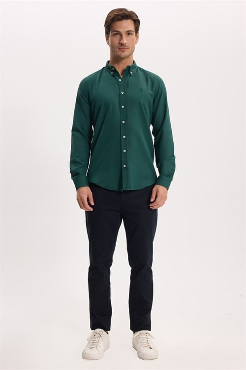 Erkek Slim Fit Dar Kesim Düz Oxford Armalı Düğmeli Yaka Haki Spor Gömlek