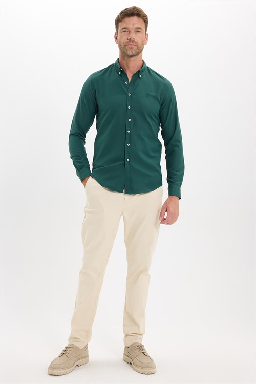 Erkek Slim Fit Dar Kesim Düz Oxford Armalı Düğmeli Yaka Haki Spor Gömlek