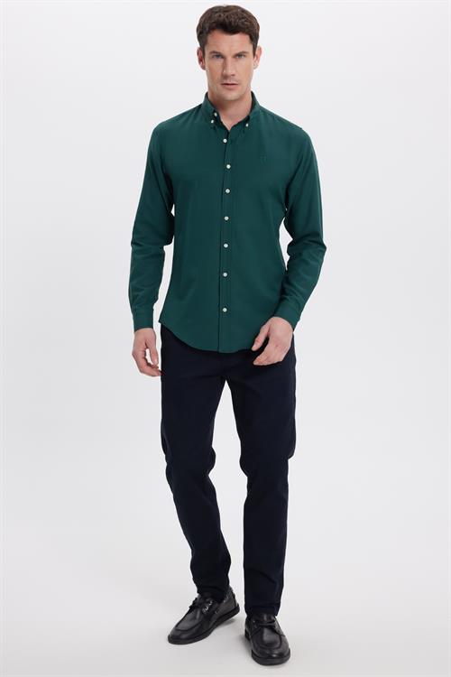 Erkek Slim Fit Dar Kesim Düz Oxford Armalı Düğmeli Yaka Haki Spor Gömlek