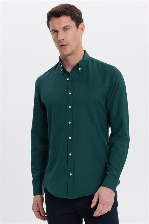 Erkek Slim Fit Dar Kesim Düz Oxford Armalı Düğmeli Yaka Haki Spor Gömlek