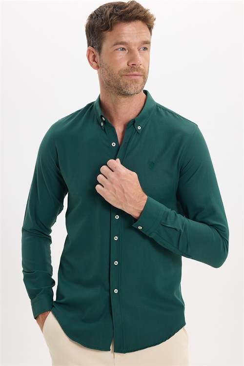 Erkek Slim Fit Dar Kesim Düz Oxford Armalı Düğmeli Yaka Haki Spor Gömlek