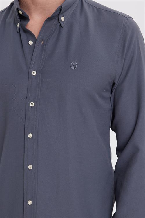 Erkek Slim Fit Dar Kesim Düz Oxford Armalı Düğmeli Yaka Antrasit Spor Gömlek