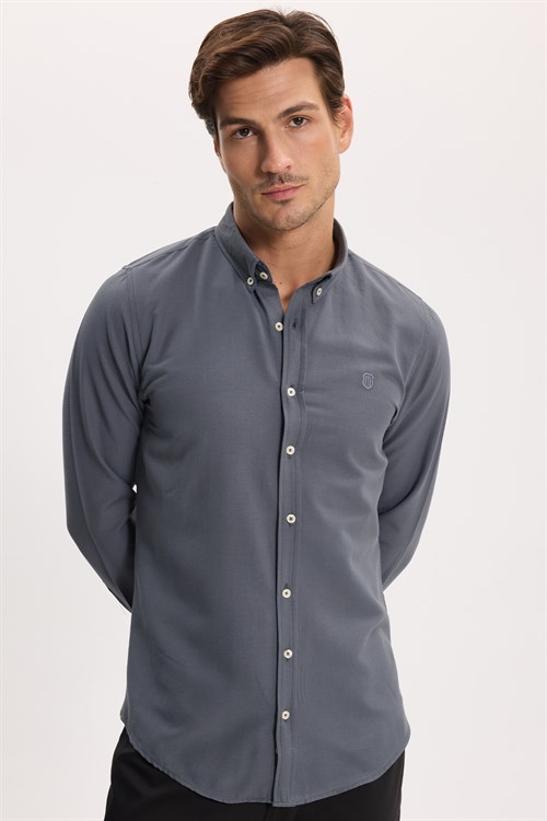 Erkek Slim Fit Dar Kesim Düz Oxford Armalı Düğmeli Yaka Antrasit Spor Gömlek