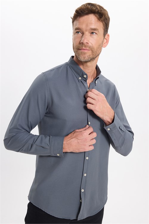 Erkek Slim Fit Dar Kesim Düz Oxford Armalı Düğmeli Yaka Antrasit Spor Gömlek