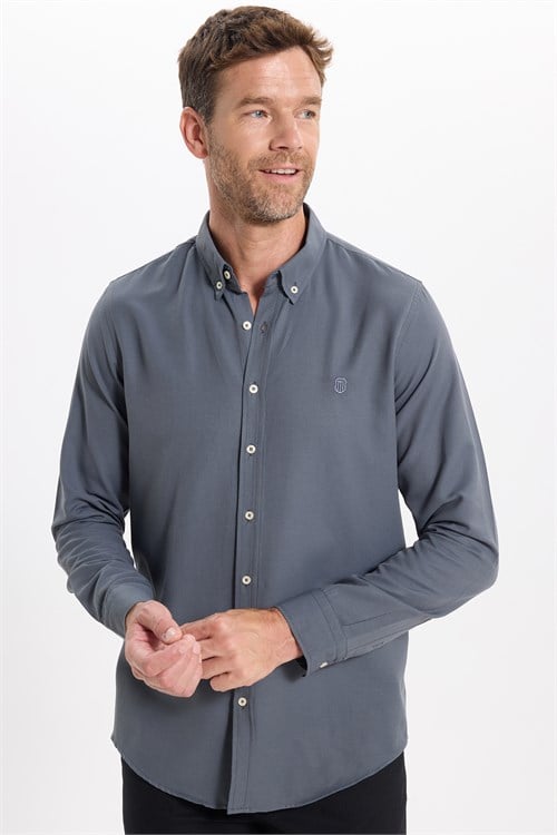 Erkek Slim Fit Dar Kesim Düz Oxford Armalı Düğmeli Yaka Antrasit Spor Gömlek