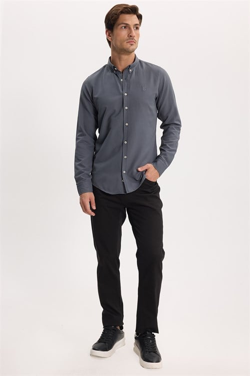 Erkek Slim Fit Dar Kesim Düz Oxford Armalı Düğmeli Yaka Antrasit Spor Gömlek