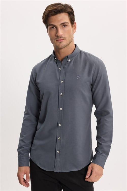 Erkek Slim Fit Dar Kesim Düz Oxford Armalı Düğmeli Yaka Antrasit Spor Gömlek